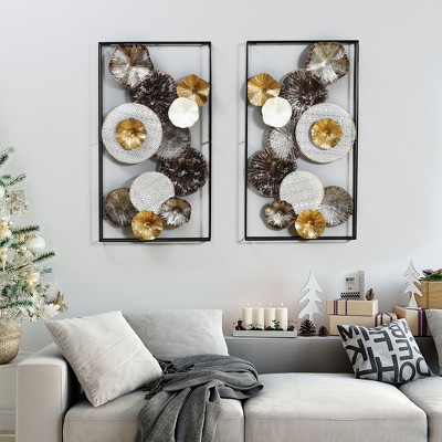 Set of 2 Multi-Color Abstract Metal Flower Wall Art Panels