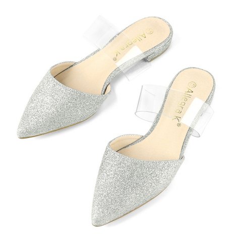 Женские сабо Allegra K Women's Glitter Clear Strap Pointed Toe Flat Mules 8.5 Silver