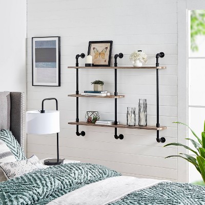 Aurora Rustic Black Iron and Wood 3-Tier Wall Shelf