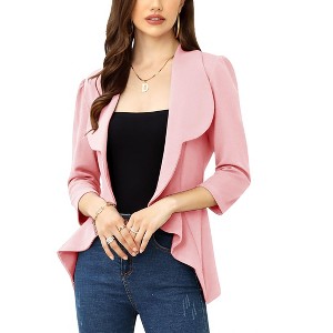 BLUEMING Womens 3/4 Sleeve Cropped Blazer Open Front Cardigan Business Casual Collarless Work Jacket Shrug - 1 of 4