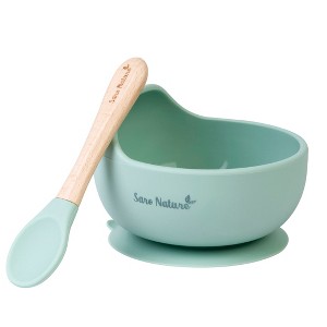 SARO "Nordic Wave" Silicone Baby Feeding Set: Suction Bowl & Wooden Spoon for Baby-Led Weaning & Self-Feeding - 1 of 4