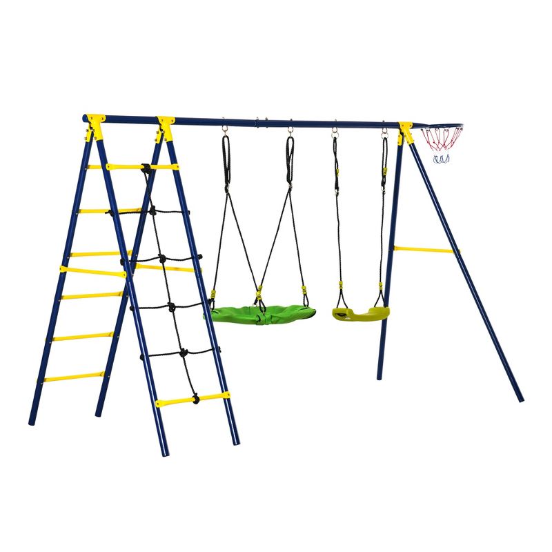 Outsunny Kids Metal Swing Set for Backyard, with Saucer Swing Adjustable Swing Seat, Basket Hoop, Climb Ladder, Net, Metal Stand, for 3-10 Years Old, 4 of 7