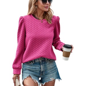 Amaryllis Women's Puff Sleeve Quilted Knit Top Crew Neck Statement Textured Long Sleeve Relaxed Fit - 1 of 4