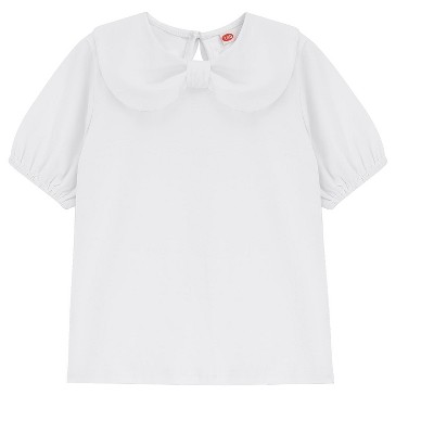 Girls Puff Short Sleeve Summer Top Kids Fashion Shirts Blouse Doll Collar with Cute Bow