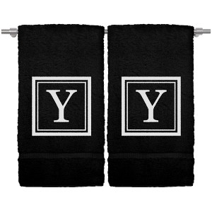 BC BARE COTTON Monogrammed Hand Towel, 100% Turkish Cotton - Set of 2 - Black - White Square - 1 of 4