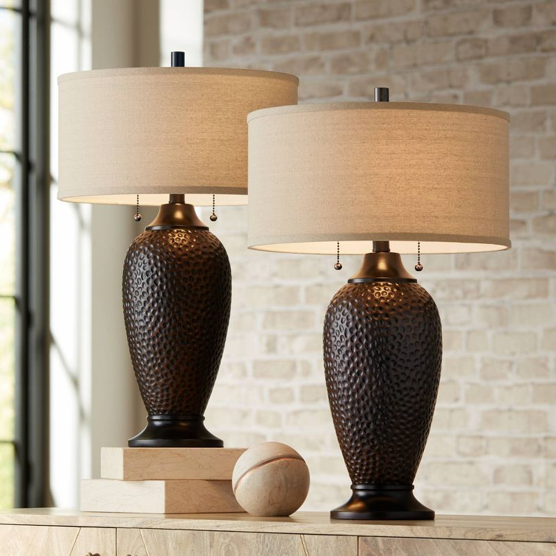 360 Lighting Cody Rustic Farmhouse Table Lamps 26" High Set of 2 Hammered Oiled Bronze Oatmeal Linen Drum Shade for Bedroom Living Room Bedside House, 3 of 10