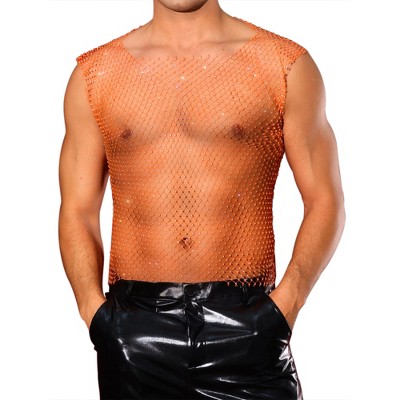 INSPIRE CHIC Men's Festival Fishnet Sheer Sparkly Rhinestone Tank Tops