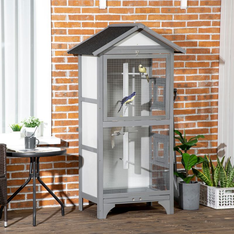 PawHut Wooden Outdoor Bird Cage, Featuring a Large Play House with Removable Bottom Tray 4 Perch, 2 of 7
