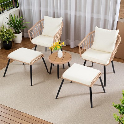 5-Piece Outdoor Wicker Bistro Chairs Set with 2 Armchair, 2 Ottoman, and Coffee Table
