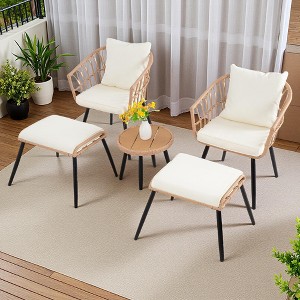 5-Piece Outdoor Wicker Bistro Chairs Set with 2 Armchair, 2 Ottoman, and Coffee Table - 1 of 4