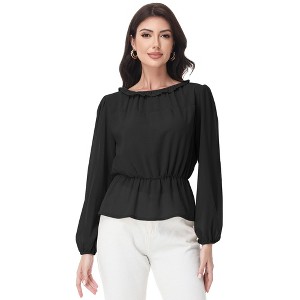 Anna-Kaci Women's Long Sleeve Blouse with Ruffle Neckline and Cinched Waist Detail - 1 of 4