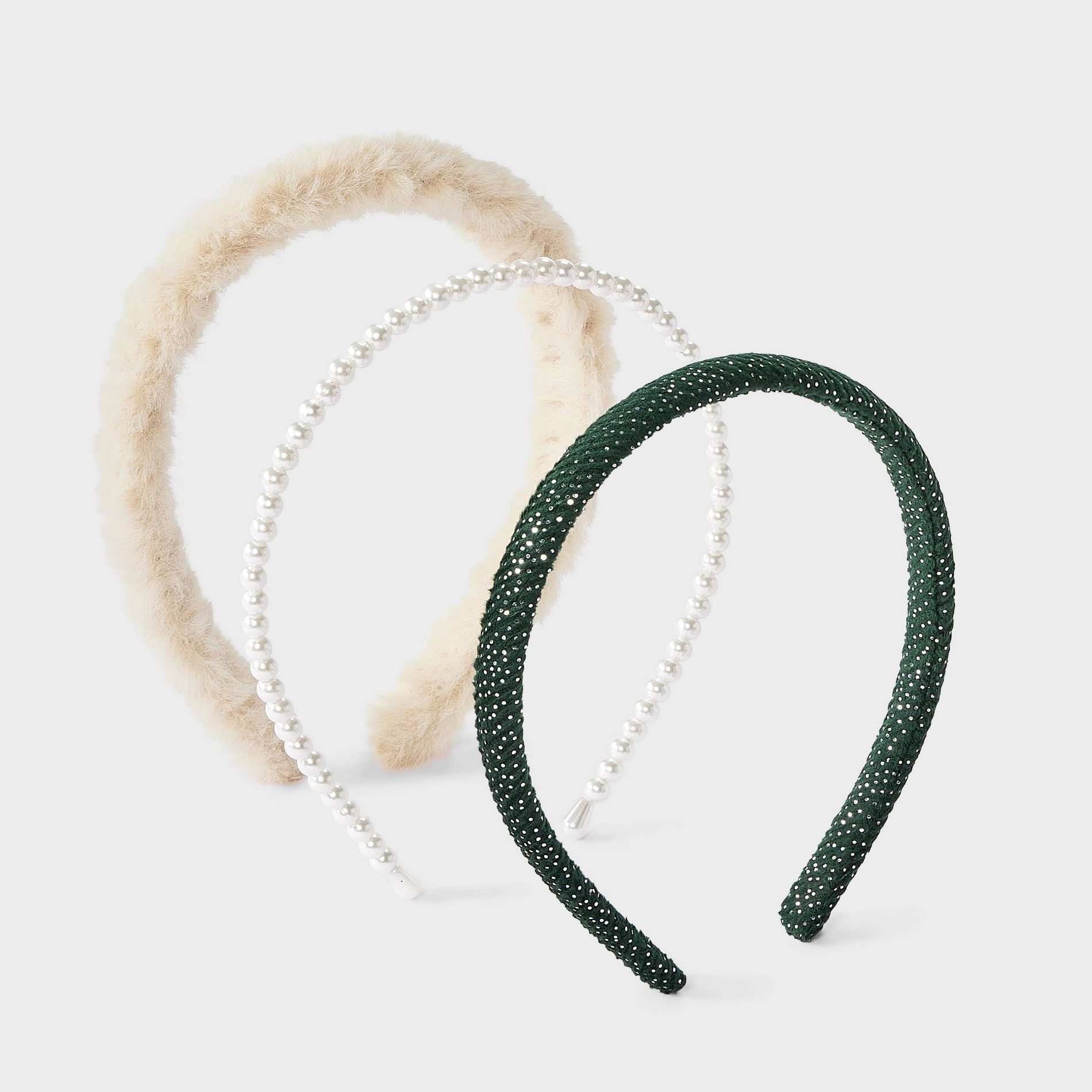 Girls' Faux Fur/Pearl/Velvet Headband Set 3pk - Cat & Jack™ Green/Cream