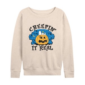 Women's - Peanuts - Creepin It Real Halloween Lightweight French Terry Wide Neck Long Sleeve Shirt - 1 of 4