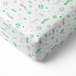 Bacati - Soccerball Green/Gray Muslin 100 percent Cotton Universal Baby US Standard Crib or Toddler Bed Fitted Sheet - 1 of 4