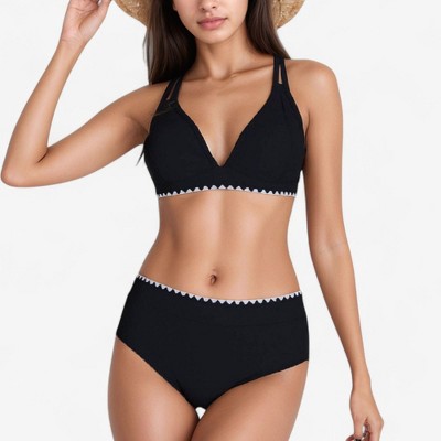 Anna-Kaci Swim Women's High Waist Bikini Set with Triangle Trim Details and Adjustable Straps for Flattering Beachwear Look