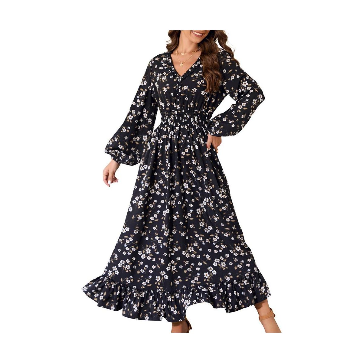Fall Casual Dresses for Women Empire Waist V Neck Long Sleeve Maxi Ruffle Dress  Wedding Guest Dress