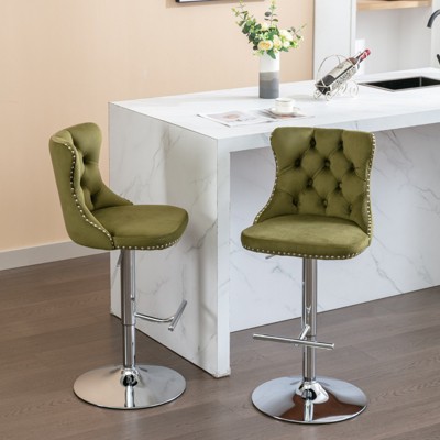 DOMETOUR 2 Pcs Swivel Velvet Barstool Adjusatble Seat Height from 25-33 Inch, Chrome Base Bar Stool for Home Pub and Kitchen Island