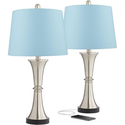 360 Lighting Seymore Modern Table Lamps 26" High Set of 2 Silver with USB Port LED Touch On Off Blue Hardback Drum Shade for Bedroom Living Room Desk