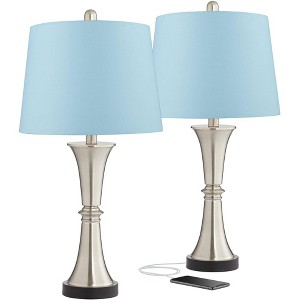360 Lighting Seymore Modern Table Lamps 26" High Set of 2 Silver with USB Port LED Touch On Off Blue Hardback Drum Shade for Bedroom Living Room Desk - 1 of 4