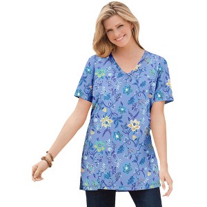 Woman Within Women's Plus Size Perfect Printed Short-Sleeve Shirred V-Neck Tunic - 1 of 4