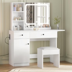 Vanity Desk with LED Lighted Mirror & Power Outlet, Makeup Vanity with Drawers & Cabinet & Chair, Vanity Table Set for Bedroom - 1 of 4
