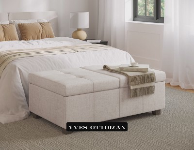 Beige Tufted Double Storage Ottoman with Solid Wood Legs