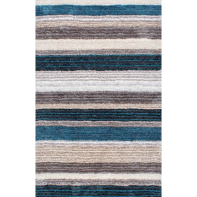 Handmade Tufted Striped Blue Multi Shag Area Rug - 4'x6'