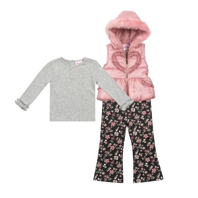 Little Lass Girls 3 Piece Puffer Vest Set, Dusty Mauve