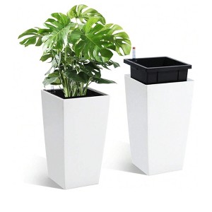 Set of 4 Black Planters (16" tall) with drainage holes, water monitor & inner bucket. Ideal for indoor/outoor porch & patio use. - 1 of 4