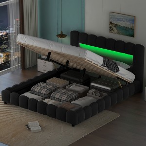 TIRAMISUBEST Queen Size Upholstered Platform Bed with LED Headboard, Lift Up Storage Bed with Underneath Storage and Slats Support - 1 of 4