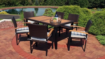 Carlow 7-Piece Brown Rattan and Acacia Wood Patio Dining Set with Blue Cushions