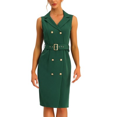 Allegra K Women's Sleeveless V Neck Notched Lapel Double Breasted Belted Work Office Dress