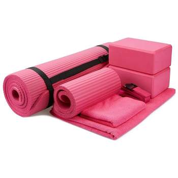 BalanceFrom Fitness 7 Piece Home Gym Yoga Set with 0.5 Inch Thick Yoga Mat, 2 Yoga Blocks, Mat Towel, Hand Towel, Stretch Strap, and Knee Pad, Pink