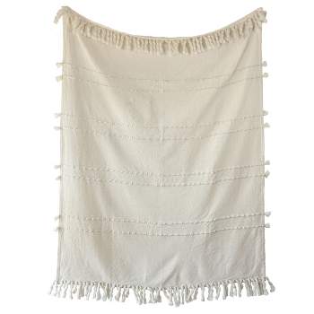 Hand Woven Yarn Fringe & Striped Throw Blanket White Cotton & Acrylic by Foreside Home & Garden