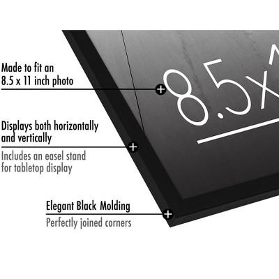 Black 8.5x11 Slim Glass Picture Frame for Wall and Tabletop