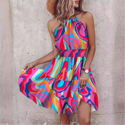 Women's Halter Neck Sleeveless Midi Dress Casual Beach Vacation Hawaiian Dresses
