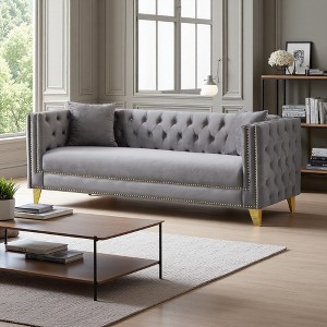 80" Chesterfield Velvet 3-Seater Deep Seat Sofa with Button Nailhead & Square Arm - 1 of 4