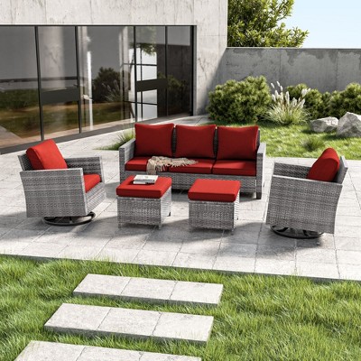 Sonkuki 5-Piece Patio Conversation Set with Swivel Rocking Chair, Navy Blue Cushion