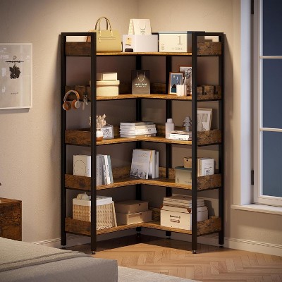 65.4 in 5-Tier Corner Bookshelves, Convertible Storage Shelf with 4 Hooks, Retaining Panel, Tall Wooden Display Shelf with Metal Frame