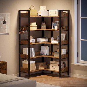 65.4 in 5-Tier Corner Bookshelves, Convertible Storage Shelf with 4 Hooks, Retaining Panel, Tall Wooden Display Shelf with Metal Frame - 1 of 4