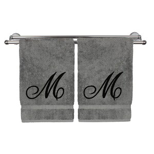 BC BARE COTTON Monogrammed Hand Towel, 100% Turkish Cotton - Set of 2 - Gray - Black Script - 1 of 4