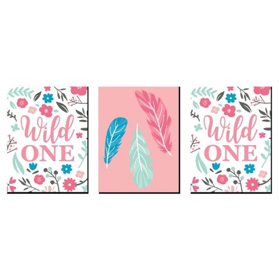 Big Dot of Happiness She's a Wild One - Boho Floral and Feather Kids Room Decorations - Gift Ideas - 7.5 x 10 inches - Set of 3 Prints