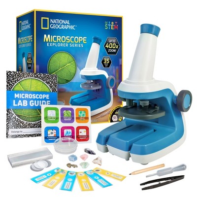 NATIONAL GEOGRAPHIC Microscope for Kids - 24 Piece STEM Science Kit with an Easy-to-Use Kids Microscope, Up to 400x Zoom, Blank and Prepared Slides, Rock and Mineral Specimens, and More, Great Science Project Set