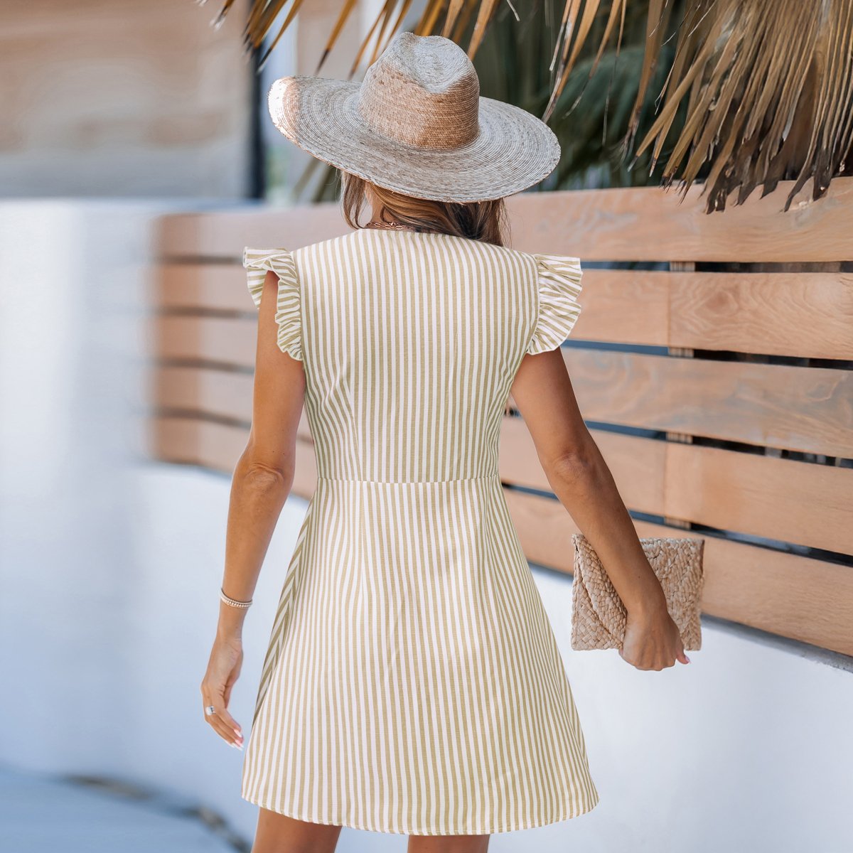 Женские платья Cupshe Women's Striped Button-Down Ruffle Sleeve Dress-XL-Beige — фото 3
