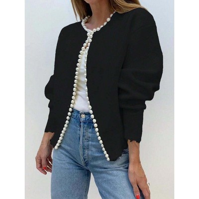 Pearl Trim Knit Cardigan - Women's Long Sleeve Round Neck Open Front Sweater