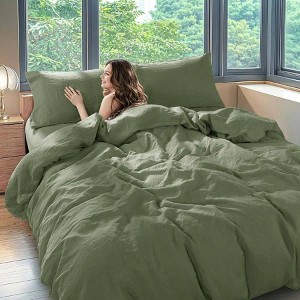 100 Linen Queen Duvet Cover Set, Olive Green, Cooling Breathable, Zipper Corner Ties - 1 of 4
