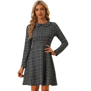 Allegra K Women's Vintage Tweed Plaid Grid Peter Pan Collar Long Sleeve A-line Dress - 1 of 4