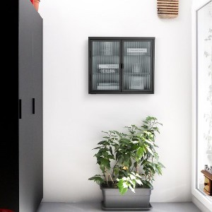 27.6in Metal Storage Cabinet, Wall Mounted Kitchen Pantry Cabinet with 2 Glass Doors and Adjustable Shelves, 3 Tier Sideboard for Kitchen, Black - 1 of 4