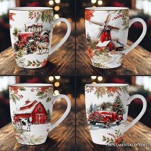Fancy Farmhouse Holiday Set of 4 Ceramic Mugs with Real Gold Trim, Rustic Christmas Kitchen Coffee Cup Decoration| OrnamentallyYou - 1 of 4