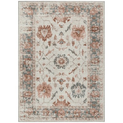 Linen And Ivory Floral Washable Indoor Outdoor Area Rug